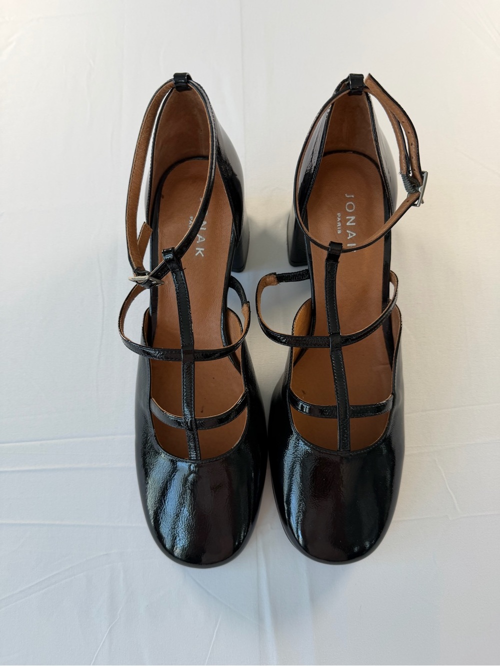 JONAK Black Patent T-Strap Block Heels with Ankle Buckle